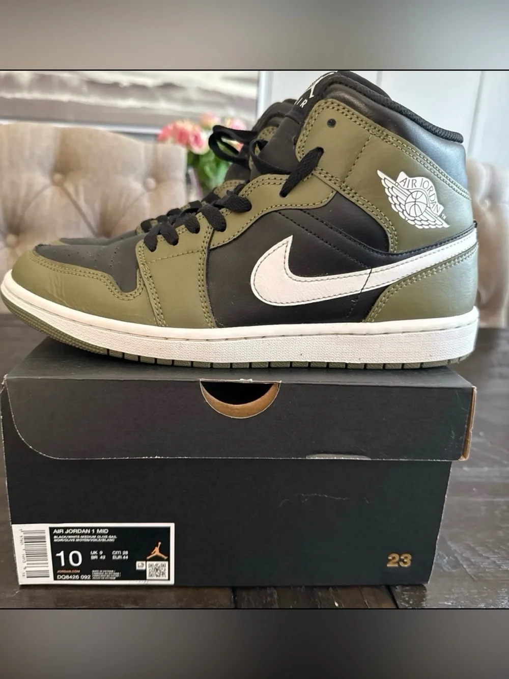 Jordan 1 Mid Black White Olive. Mens 10. pre-owned. Worn.